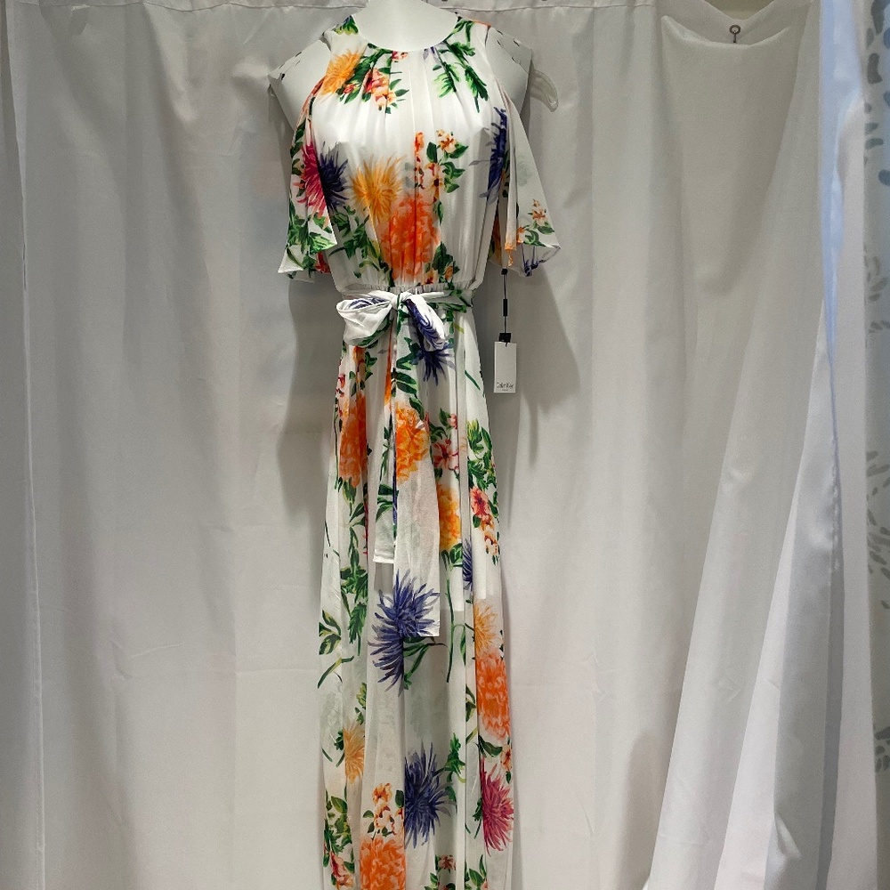 NWT Calvin Klein White Floral Cold-Shoulder Chiffon Belted Sash Maxi Dress